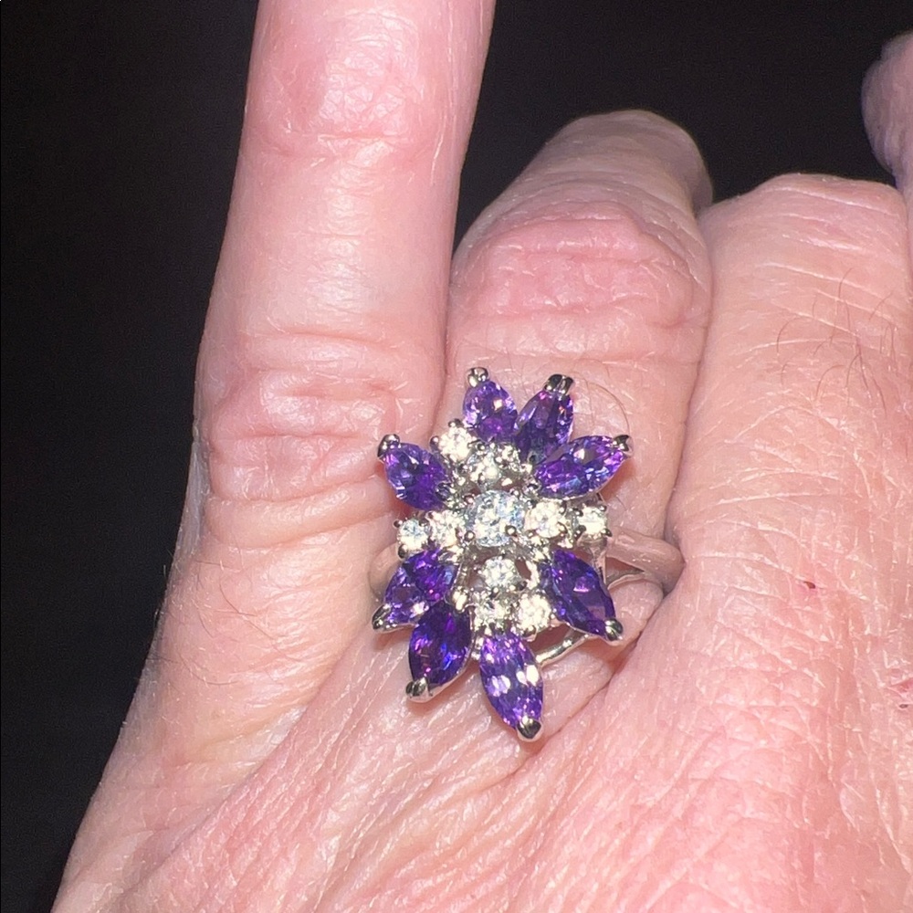 18k gp Purple Marquee cut Amethyst stones and CZ Ring size 7
